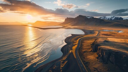 Aerial panorama of a scenic road in Iceland, showcasing stunning nature landscapes with mountains,...