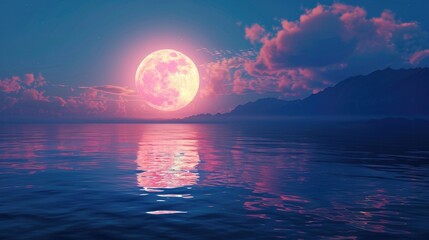 Fototapeta na wymiar Romantic and scenic panorama featuring a full moon casting its glow on the sea, Ai Generated.