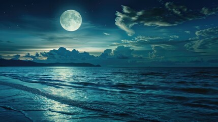 Romantic and scenic panorama featuring a full moon casting its glow on the sea, Ai Generated.