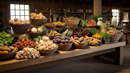 An inviting display of fresh farm produce in a barn setting, with a focus on the rich, earthy browns of potatoes and whole grains