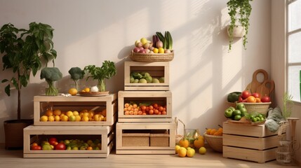 Bright and inviting kitchen corner dedicated to organic produce, with crates of lush green...