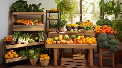Bright and inviting kitchen corner dedicated to organic produce, with crates of lush green vegetables and bowls of vibrant fruit