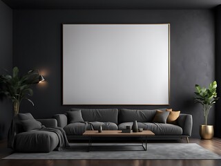  Large empty screen in a living room interior on an empty dark wall background design,3D rendering 
