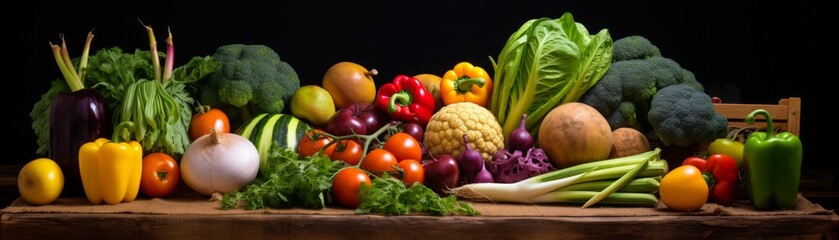 Closeup of fresh vegetables and fruits with a focus on their natural, earthy hues, set against a backdrop of brown wooden crates