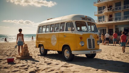 A retro-style cartoon ice cream bus on a sunny beach, with cartoon kids building sandcastles nearby ai_generated