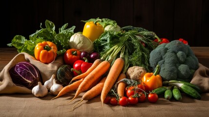 Earthy, natural farm produce arranged neatly on a burlap cloth, showcasing a variety of textures and colors that highlight organic farming