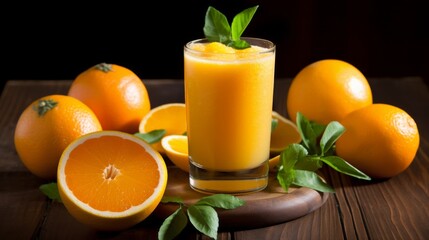 Energizing morning juice made from freshly squeezed oranges, peaches, and a touch of carrot, served cold for a refreshing start to the day