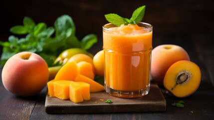 Energizing morning juice made from freshly squeezed oranges, peaches, and a touch of carrot, served cold for a refreshing start to the day