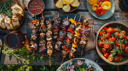 Middle eastern, arabic or mediterranean dinner table with grilled lamb kebab, chicken skewers with...