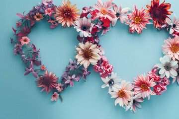 Floral background feminine flowers in pastel colors. Valentine's day, Mother's day, Women's day postcard. Flat lay copy space.