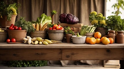 Fresh farm produce displayed on a rustic wooden table, featuring earthy browns and natural textures under soft, morning light