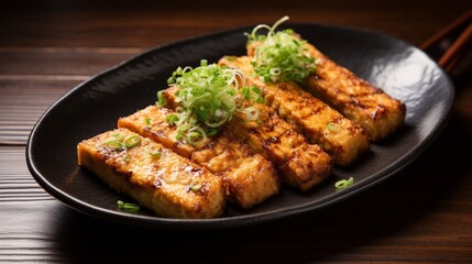 Gourmet tofu steak, delicately fried with a crisp coating of almond flour, offering a soft interior and a delicious, warm brown exterior