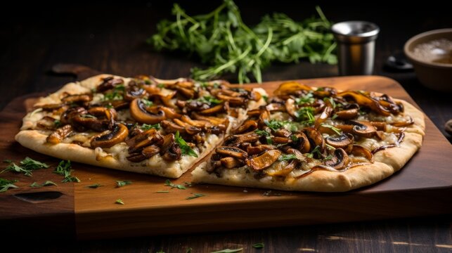 Gourmet vegan flatbread topped with caramelized onions, mushrooms, and vegan cheese, featuring earthy browns for a sophisticated, appealing look