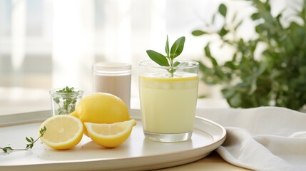 Fototapeta premium Healthboosting pale yellow green tea infused with lemon, paired with a light yellow probiotic yogurt drink, both served in clear glassware