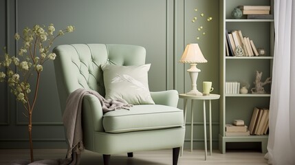 A cozy reading nook bathed in soft mint green hues, with a plush beige armchair invitingly positioned beside a blank canvas on the wal