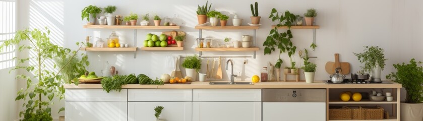 Home kitchen setup with a dedicated area for organic fruits and vegetables, featuring hanging lush...