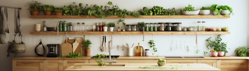 Home kitchen setup with a dedicated area for organic fruits and vegetables, featuring hanging lush green plants and open shelving for easy access