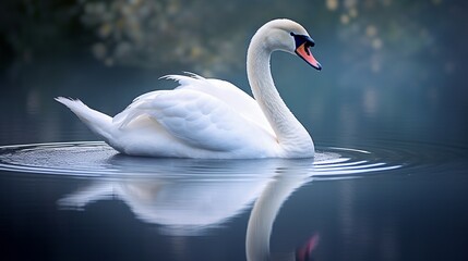 A graceful swan gliding across a tranquil lake, its pristine white feathers reflected perfectly in the still waters below