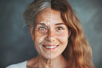 Wrinkle reduction and skin renewal featured in two-face lift, underlining halves of proactive skincare expression, mental care, young cosmetic enhancement, and emotional health. - obrazy, fototapety, plakaty