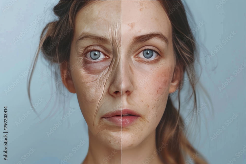 Poster aged skincare science comparison illuminates elasticity and appearance through side-by-side visual c