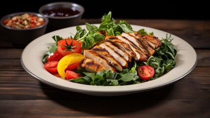 Nutritious, proteinrich meal featuring a mix of grilled chicken and a variety of vegetables dominated by deep greens, served on a modern plate