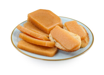 Delicious sweet quince paste and bread isolated on white