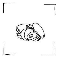 Vector. Contour icons. Line icons of desserts and sweet dishes. Macarons with fruit, nut and chocolate filling in sketch style. Icons set,  stroke. Hand signs. Set of doodle desserts and sweets.