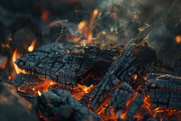 Close-up shot of charcoal burning in the aftermath of a bonfire, casting a soft, orange glow