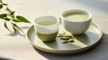 Soothing green tea served in a delicate ceramic cup, accompanied by a soft green probiotic drink, creating a calming beverage duo