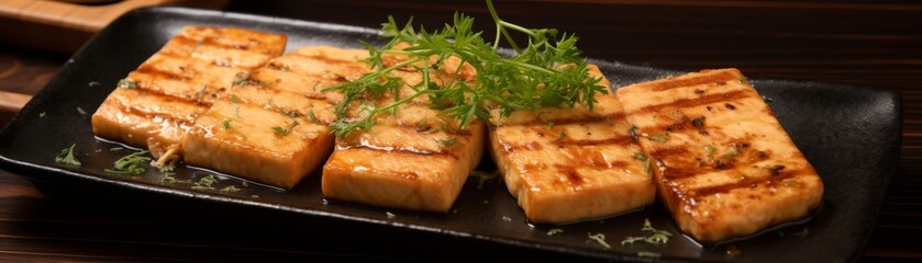 Succulent tofu steak, expertly marinated in a savory blend and grilled to achieve optimal tenderness, presented in appealing soft beige tones