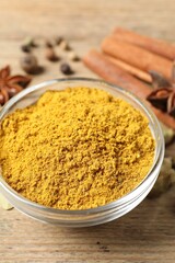 Curry powder in bowl and other spices on wooden table, closeup