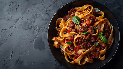 Pasta fettuccine with beef ragout sauce in black bowl, Grey background, Copy space, Top view