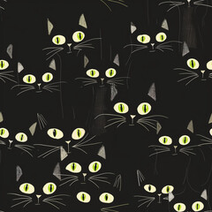 Seamless pattern, many cute, funny, black cats on dark background. Cartoonish, fabric design.