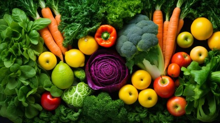 Top view of a colorful arrangement of unprocessed vegetables and fruits, set against a background of lush green leaves, symbolizing freshness and natural diet