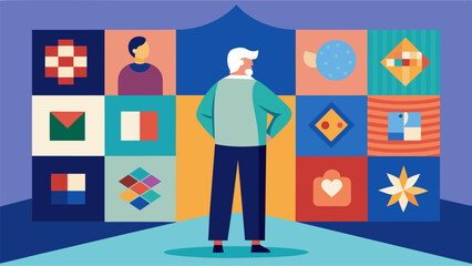 An older man standing in front of a quilt each patch telling a story of the journey towards freedom as he shares the meaning behind each design with. Vector illustration