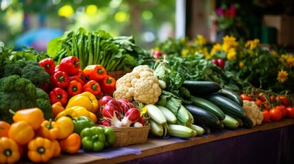 Vibrant farmers market display with an array of fresh, unprocessed vegetables and fruits, showcasing lush greenery and natural colors