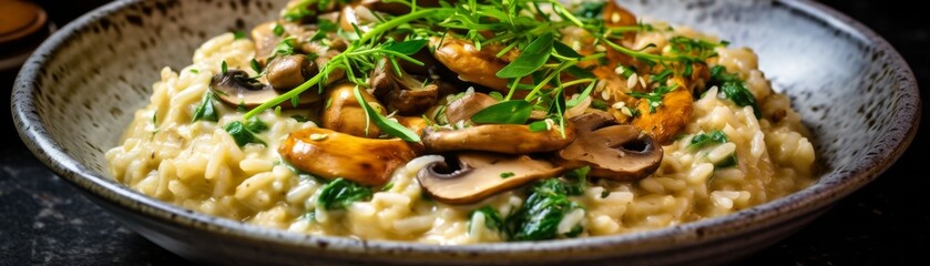 Warm brown dairyfree and glutenfree mushroom risotto, made creamy with almond milk, providing a nutritious and satisfying meal option