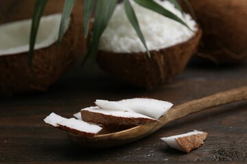 Coconut pieces, spoon and nut on wooden table, closeup