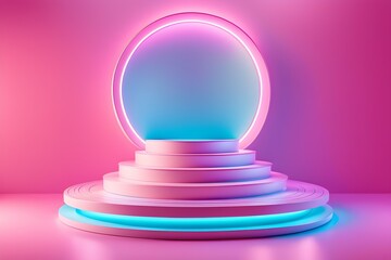 A neon pink and blue stage with a blue circle in the middle