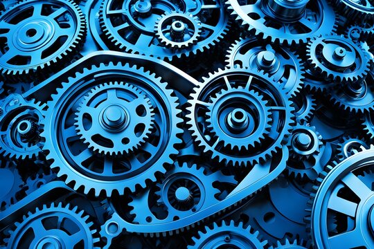 A blue image of gears with a blue background