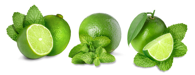 Fresh ripe limes and green mint leaves isolated on white, set