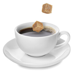Sugar cubes falling into cup of coffee on white background