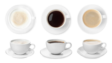 Cups of aromatic coffee isolated on white, top and side views