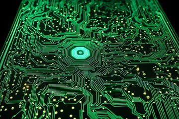 A green electronic circuit board with a glowing center