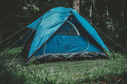 Minimalist camping scene in a lush green meadow, with a tent pitches under a canopy of trees