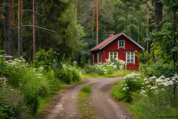 Fototapeta premium Picturesque red wooden cottage in lush green forest with blooming garden, photo-like illustration.