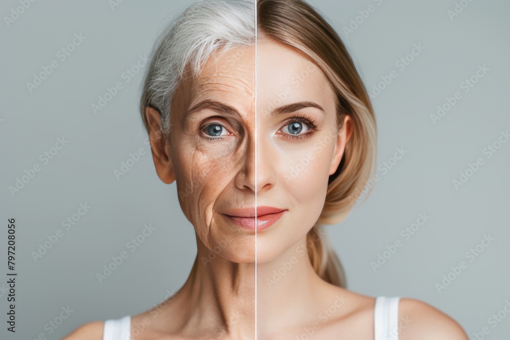 Poster half-face aging symmetry in age exploration supported by moisturizer improvements and natural contou