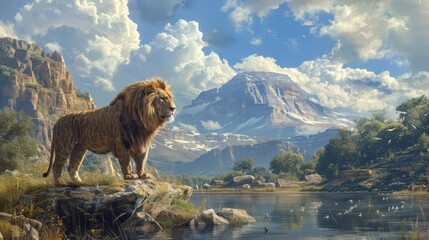 A hyperrealistic portrayal of a majestic wildlife scene, with a powerful predator like a lion or tiger in the foreground, set against a dramatic landscape