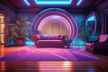 Retro Futurist Hologram Gradients: VR Arcade Interior Decor Elevation