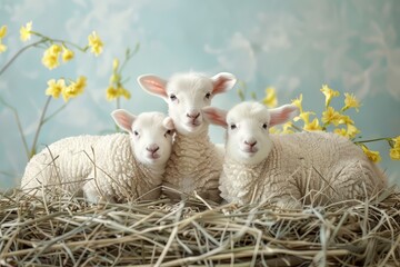 Easter art with 3 lambs. Sheep. Happy easter